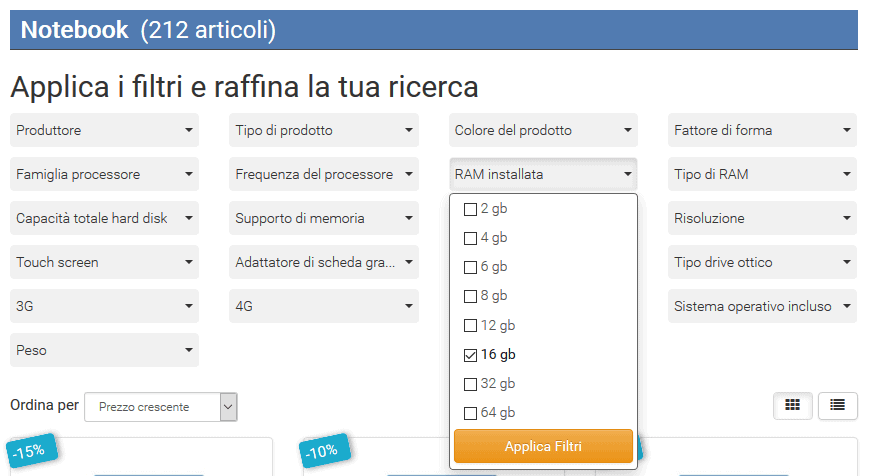 filtri ricerca